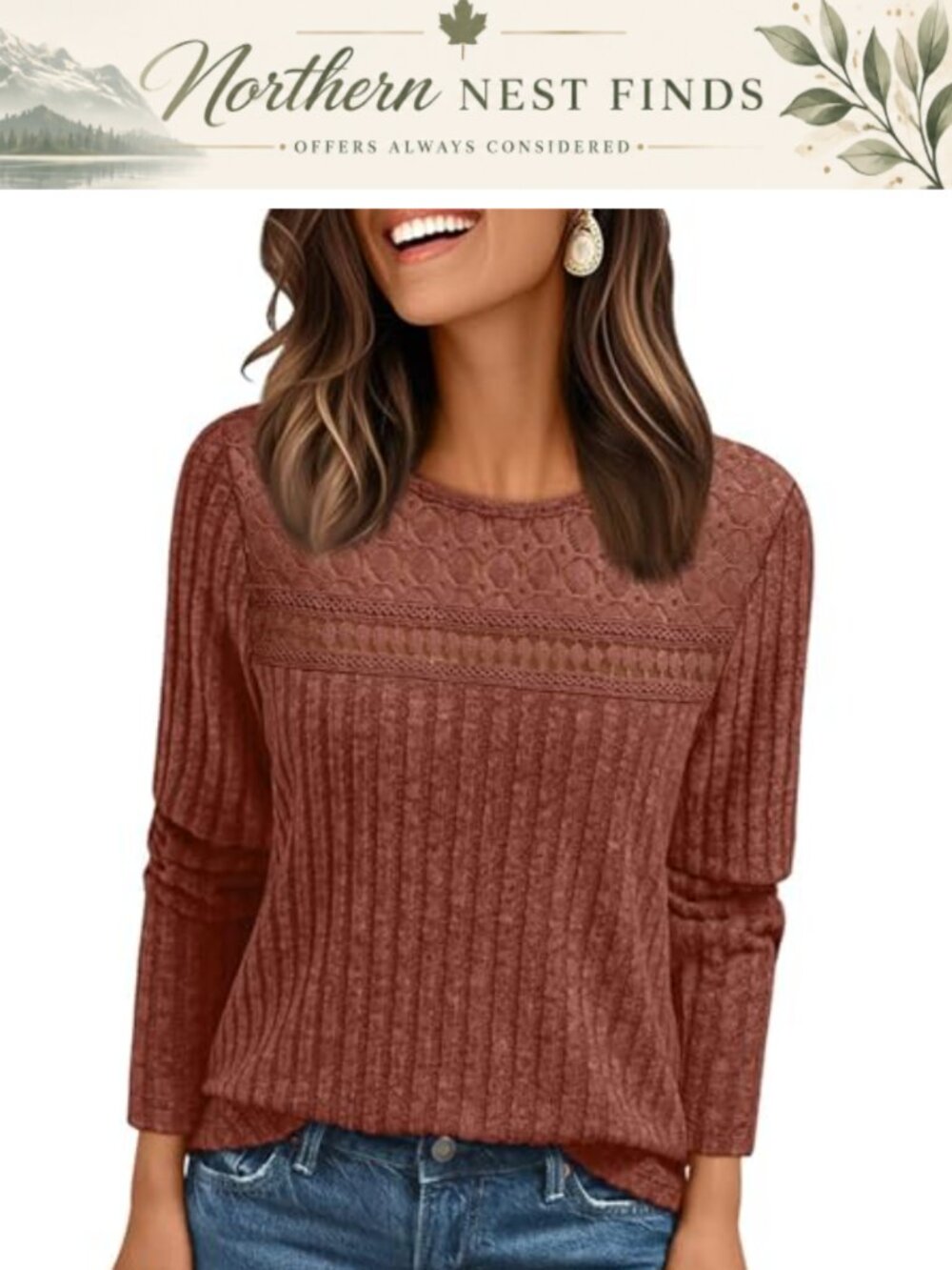 Womens Long Sleeve Lace Tunic Top Fall Crewneck Dressy Casual Shirt